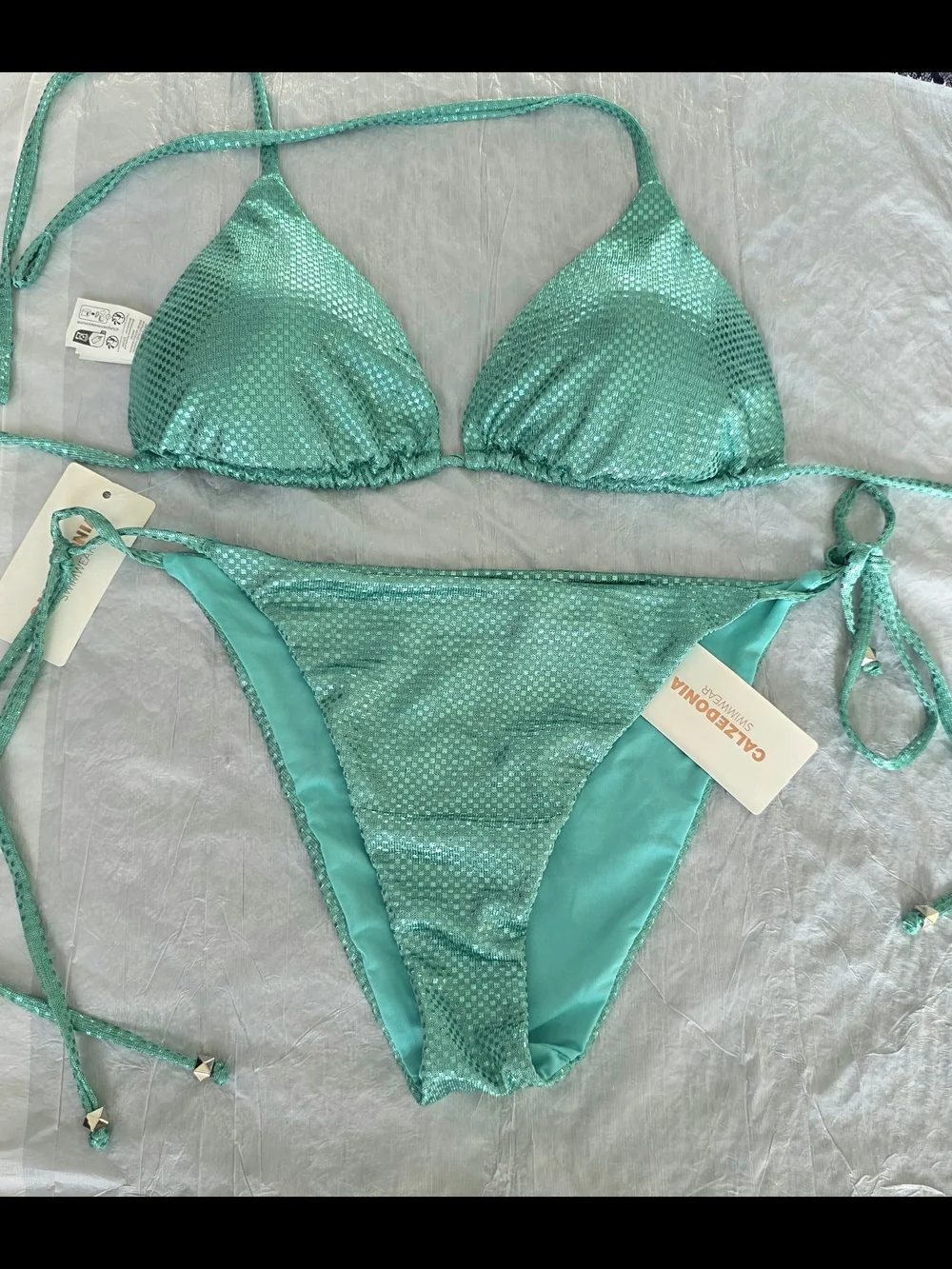 NWT Calzedonia Turquoise Shimmer Metallic Triangle Bikini Set Top L Btm S